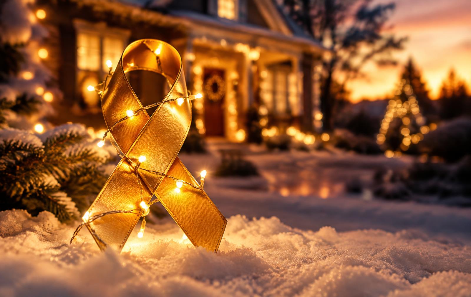 A golden childhood cancer awareness ribbon wrapped in warm Christmas lights resting in the snow