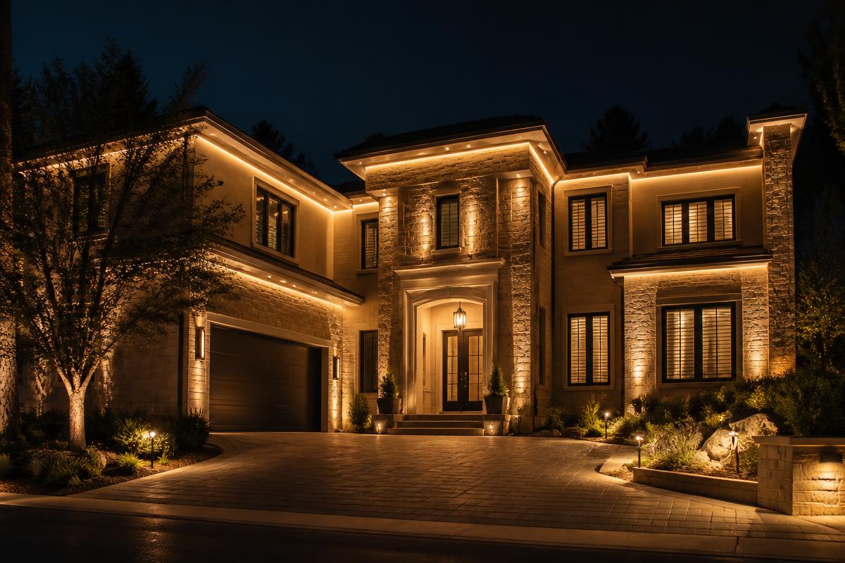 Warm permanent architectural lighting along a modern stone facade