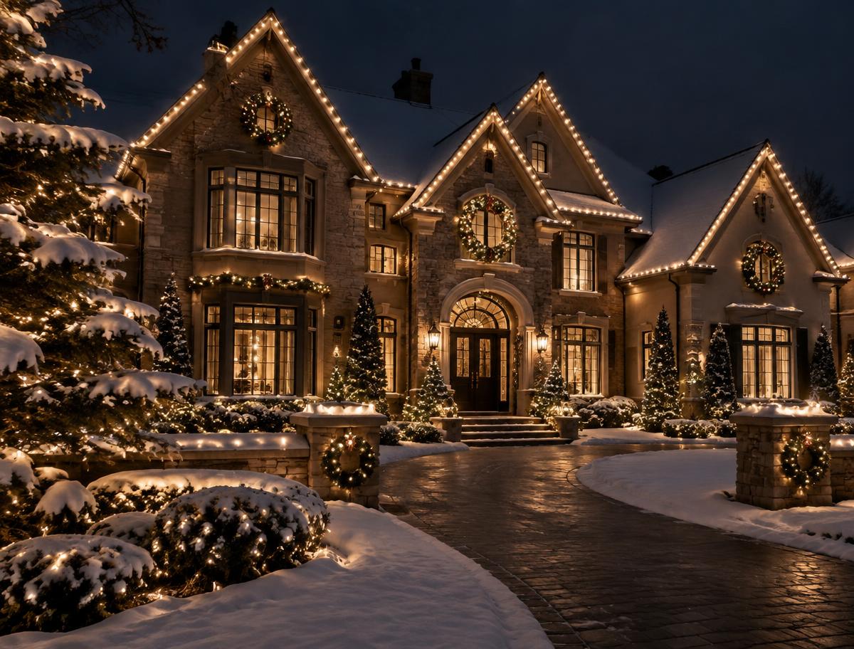 Luxury home outlined in warm white holiday lighting on a snowy evening