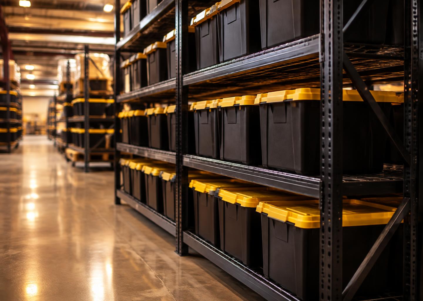 Warehouse storage rack with black and yellow storage bins